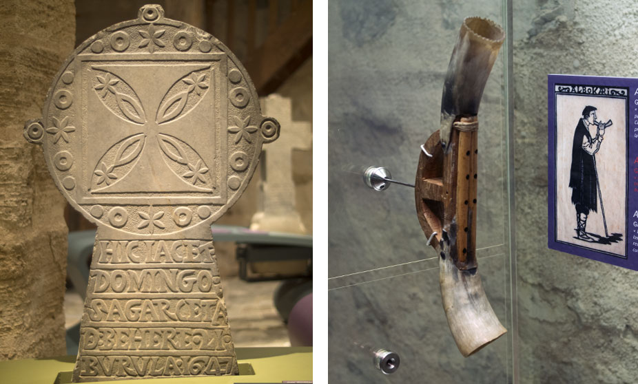 Left: Tomb stone. Right: albokari (Basque music instrument)